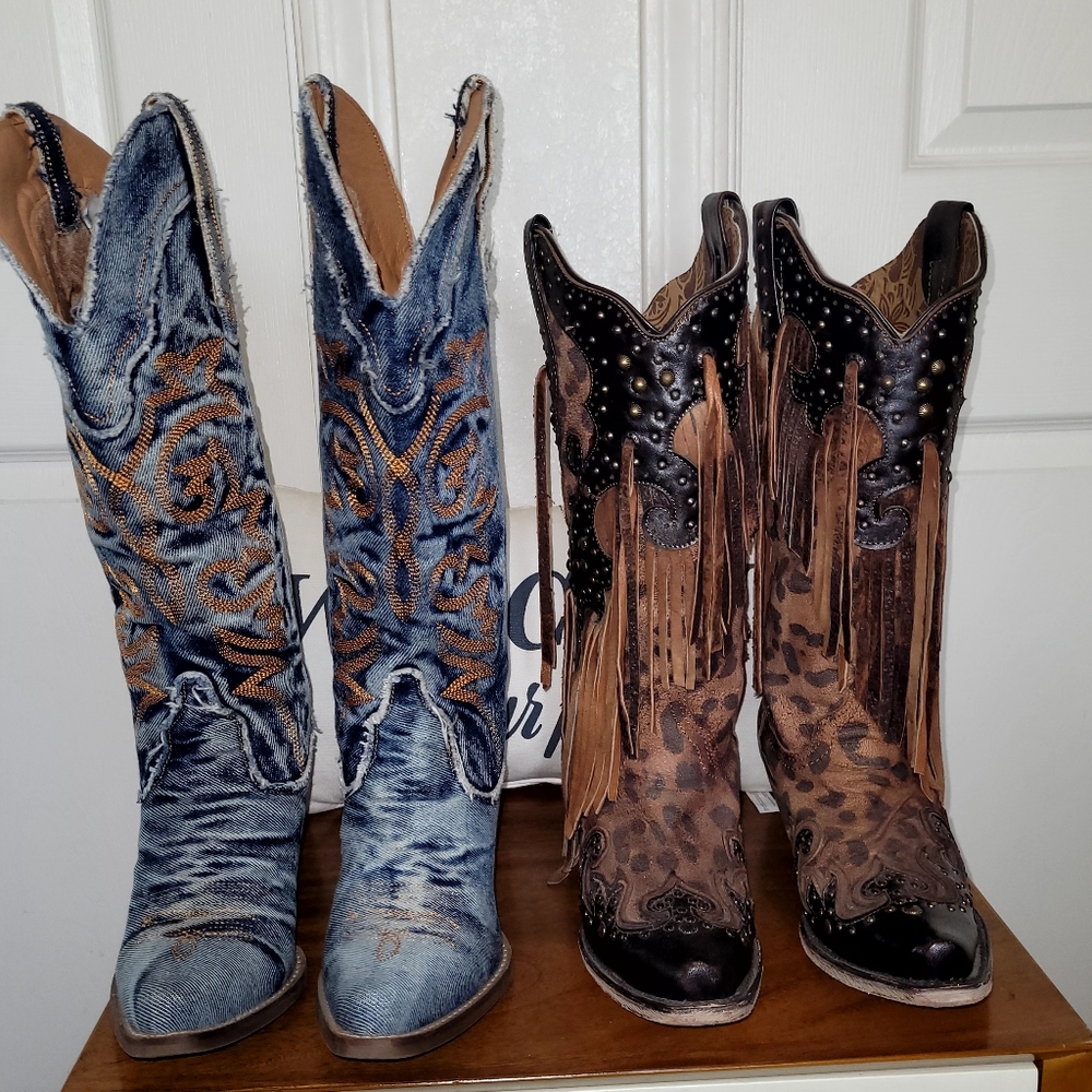 CORRAL WOMEN'S LEOPARD STUD & FRINGE BOOTS SNIP TOE & DINGO DENIM 15" BOOTS Lot